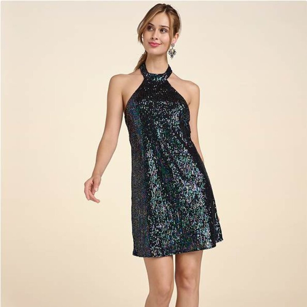 Venus Black Multi Sequin Mini Halter Dress size XL / 16